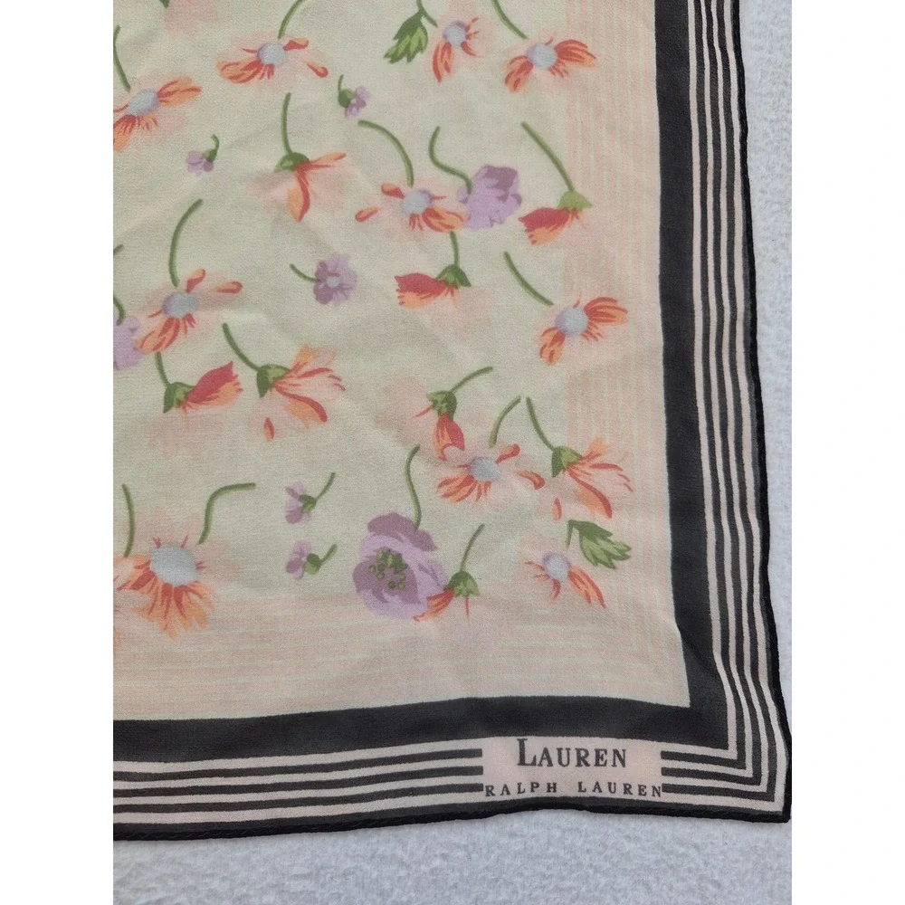Lauren Ralph Lauren Silk Square Scarf Floral Black Striped Border 21x21 Cottage